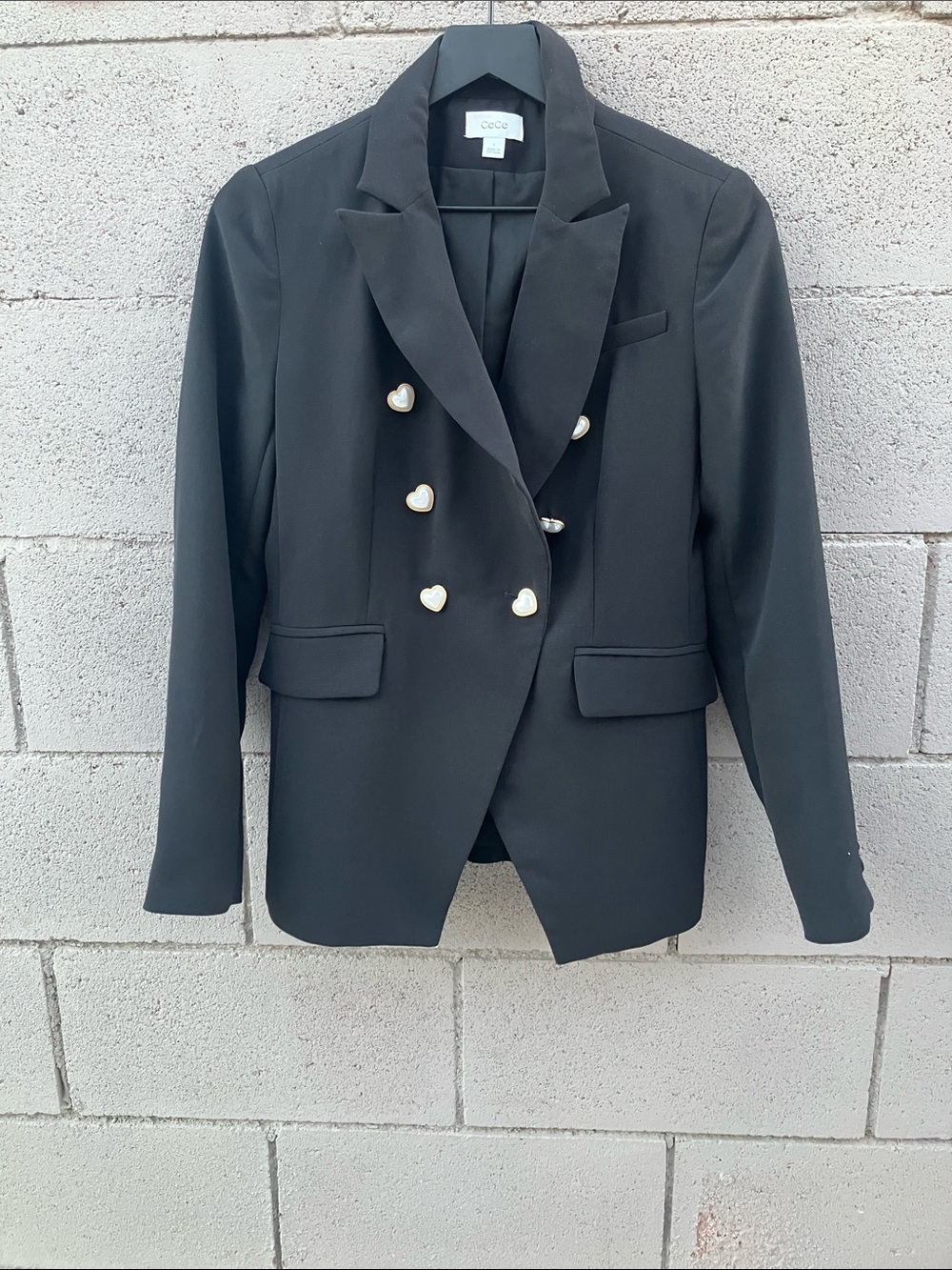 CeCe Black Double-Breasted Blazer with Heart Buttons